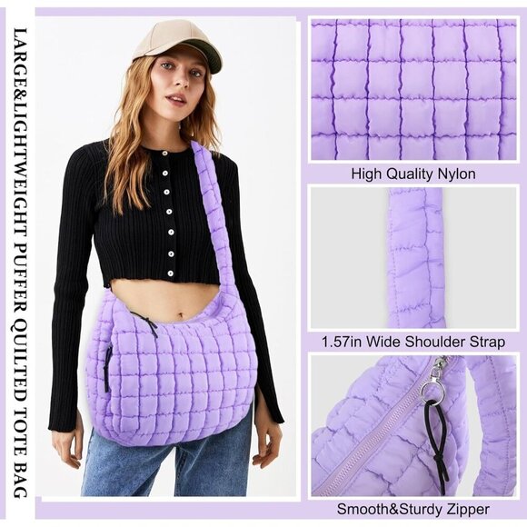 Puffer Tote Bag Nylon Medium Large Capacity Crossbody Shoulder Purse - Picture 3 of 7